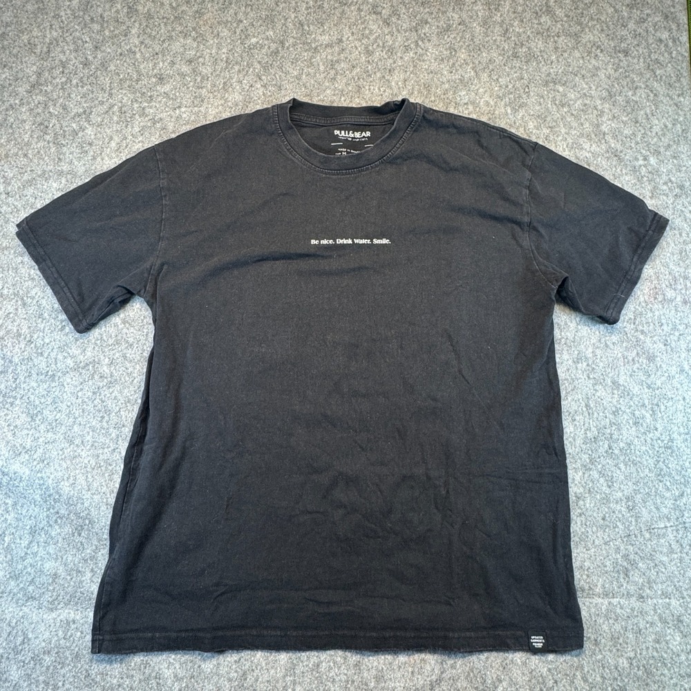 Pull & Bear Mens Black Wash T-Shirt Be Nice Drink Water Smile Size M T201
